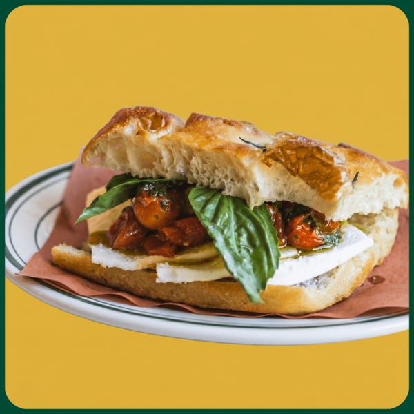 Focaccia sandwich with fresh mozzarella, roasted tomatoes, basil, and olive oil on a white plate.