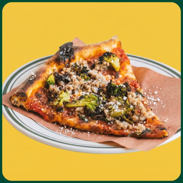A single slice of pizza with broccoli, sausage, and cheese on a white plate with a yellow background.