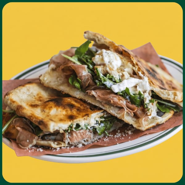 Two pieces of flatbread sandwich filled with prosciutto, arugula, and creamy cheese on a plate.