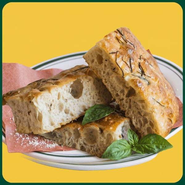 Golden-brown focaccia bread slices with rosemary and basil on a white plate with a red napkin.