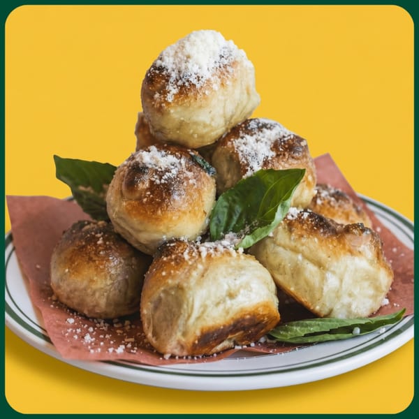 A plate of golden-brown garlic knots, dusted with parmesan cheese and garnished with fresh basil leaves.