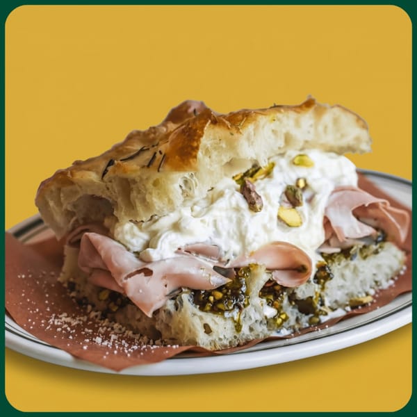 Focaccia sandwich with mortadella, burrata, pesto, and pistachios on a white plate.